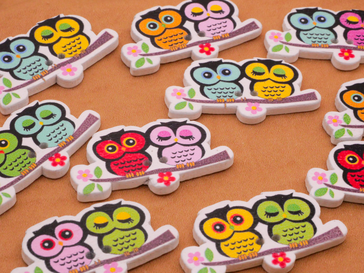 Owl Friends Branch Wood Set of Ten Buttons 19x35mm