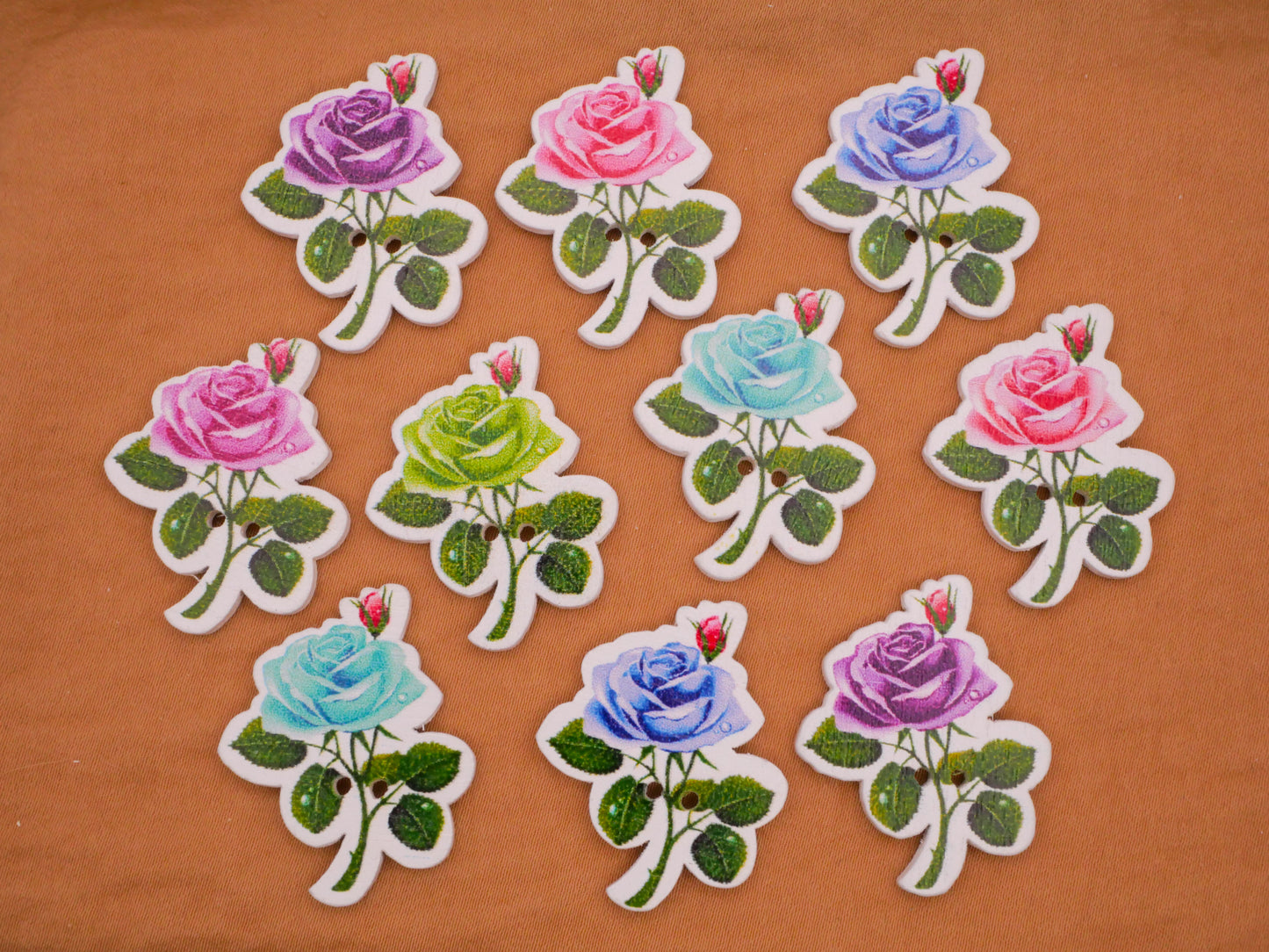 Rose Stem Various Colors Wood Assorted Set of Ten Buttons 25x31mm