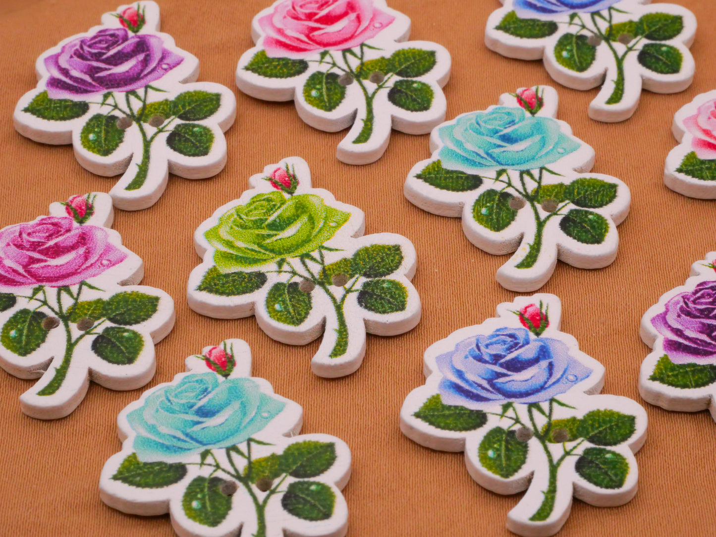 Rose Stem Various Colors Wood Assorted Set of Ten Buttons 25x31mm