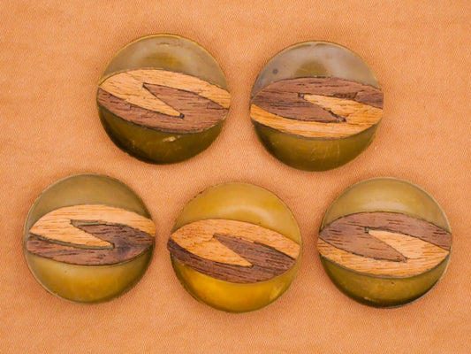 Two-Tone Wood Veneer Green Celluloid Early Plastic Button Various 22mm