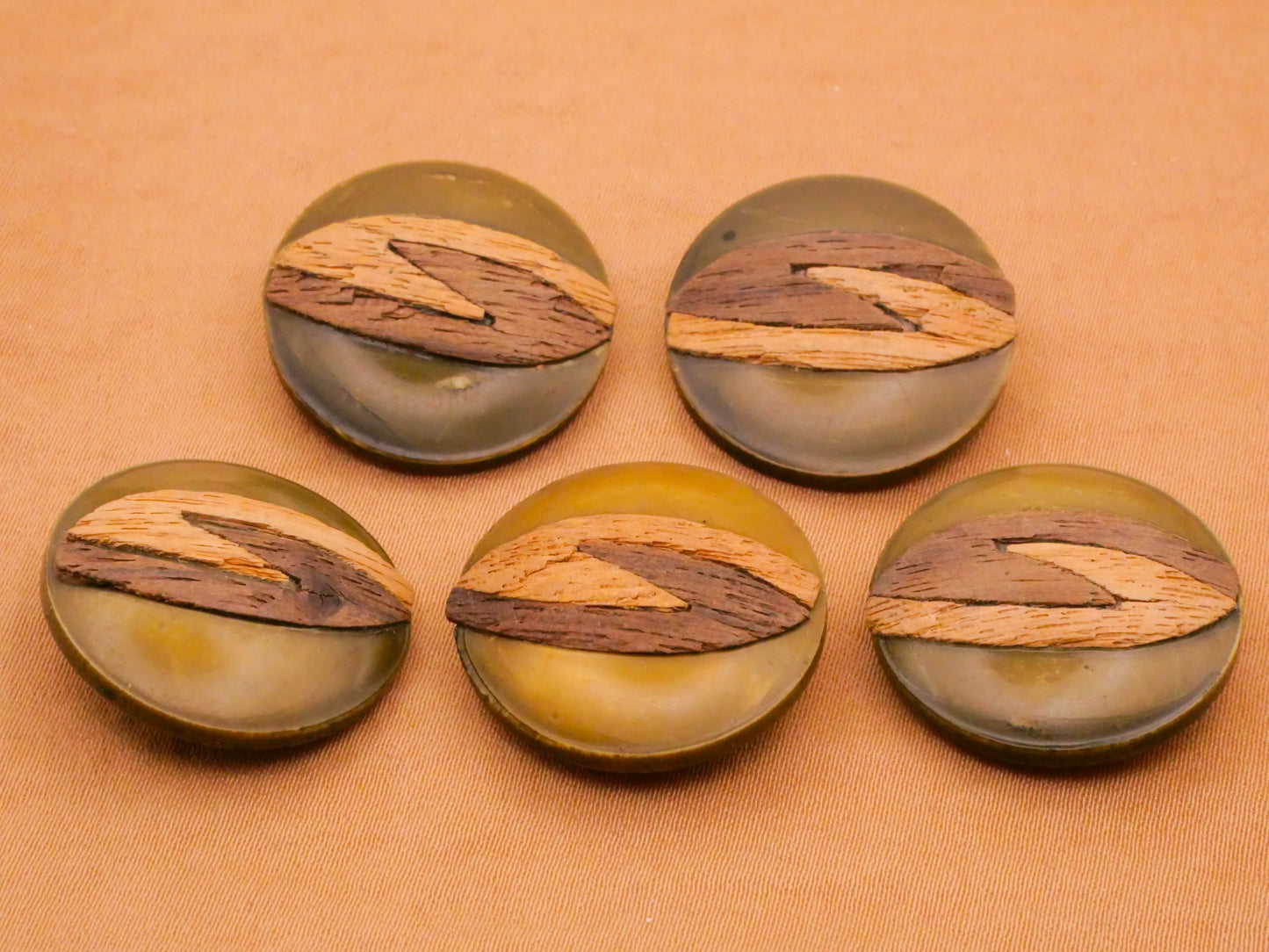 Two-Tone Wood Veneer Green Celluloid Early Plastic Button Various 22mm
