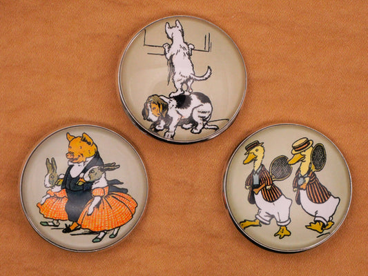 Cecil Aldins Merry Party Animal Illustration Glass Silver Metal Button Various 27mm