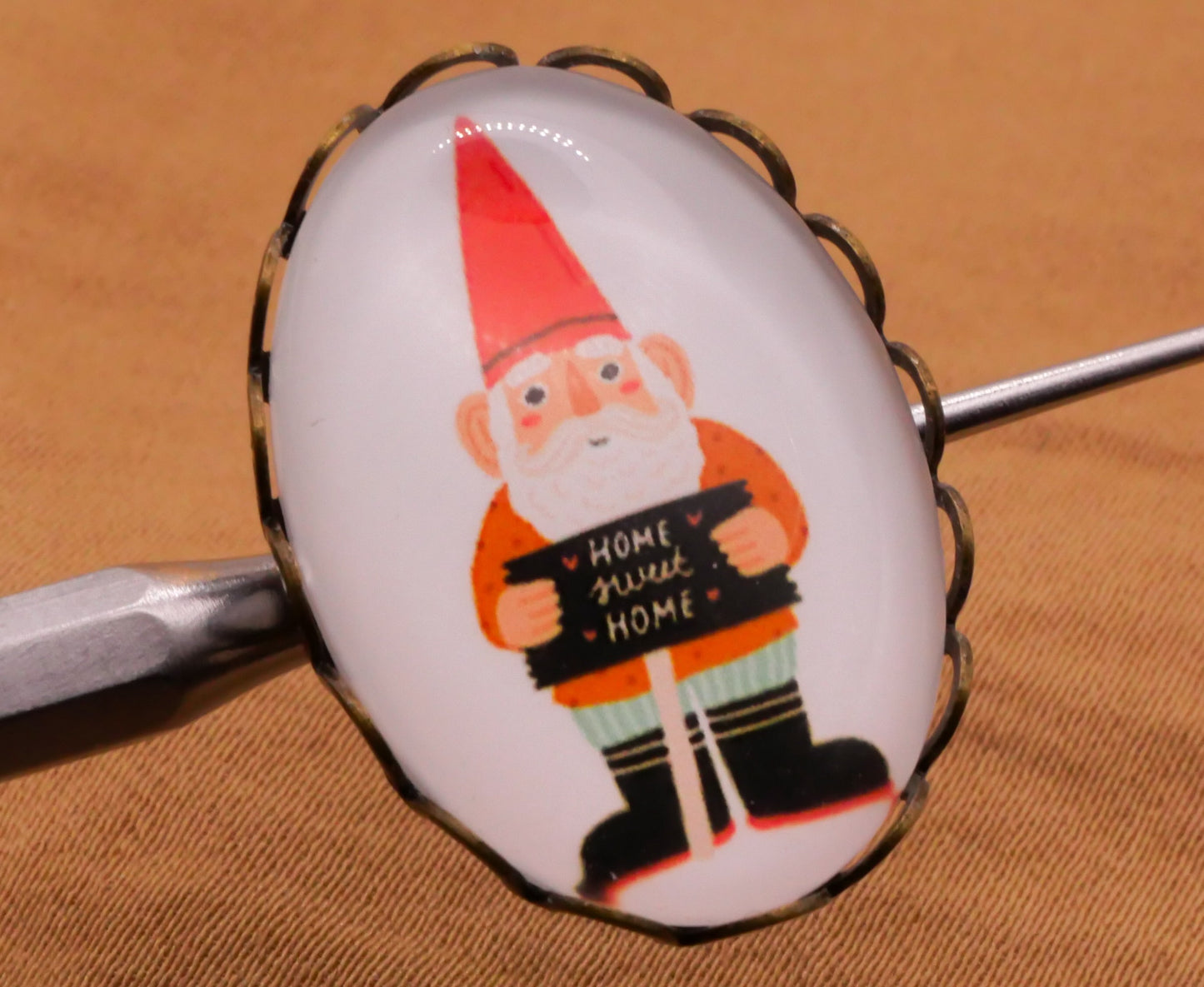 Garden Gnome Oval Glass Bronze Metal Button Various 18x26mm