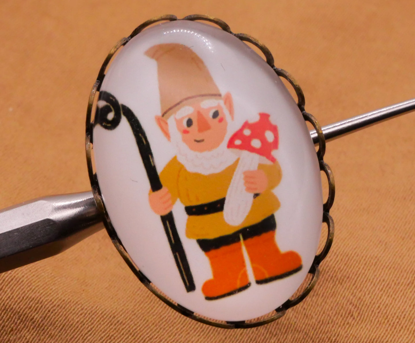 Garden Gnome Oval Glass Bronze Metal Button Various 18x26mm