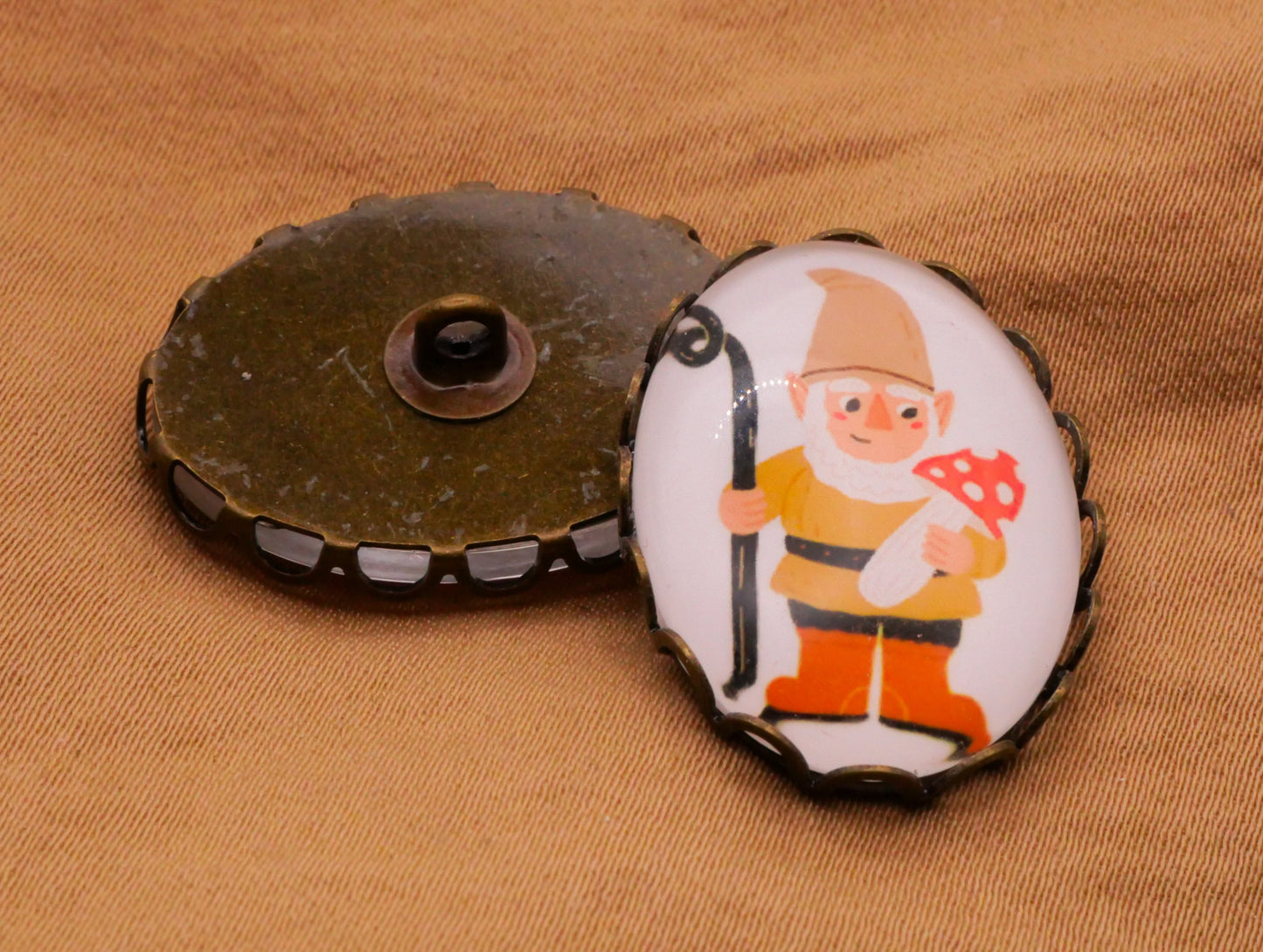Garden Gnome Oval Glass Bronze Metal Button Various 18x26mm