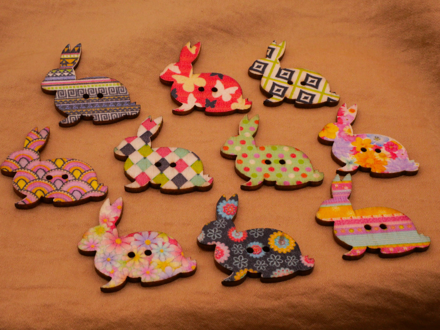Bunny Rabbit Colorful Patterns Wood Set of Ten Buttons 30mm