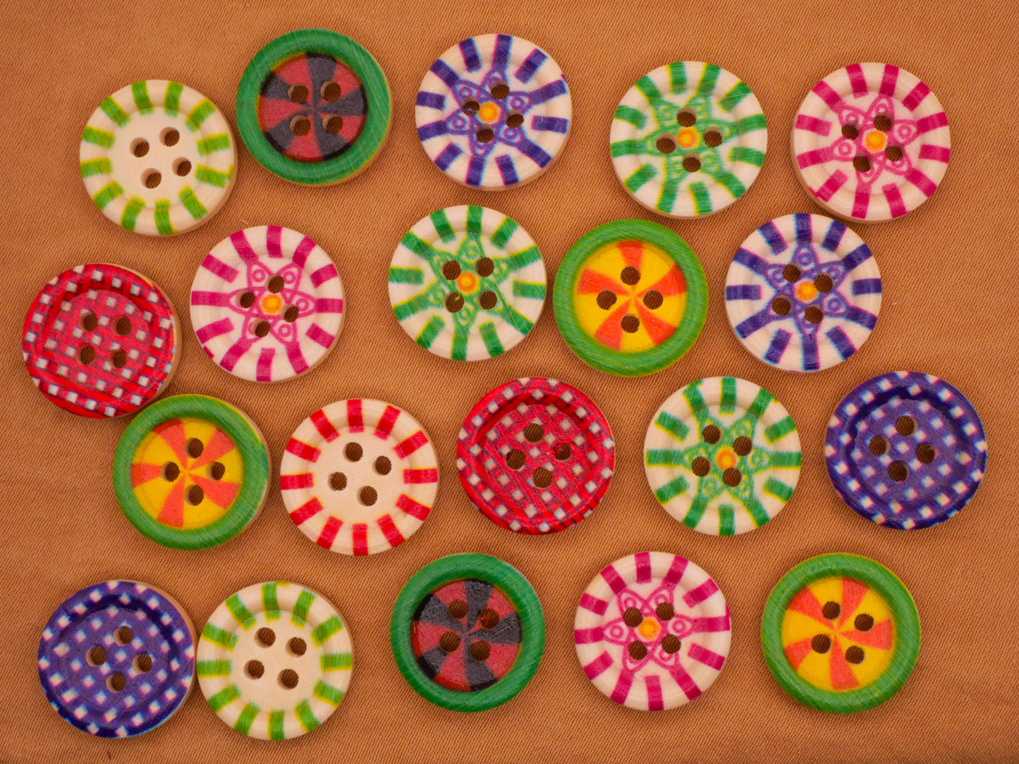 Flower Burst Bold Colors Wood Set of Twenty Buttons 15mm
