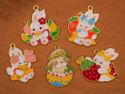 Bunny Rabbit Easter Enamel Metal Set of Five Charms Embellishments 22-32mm