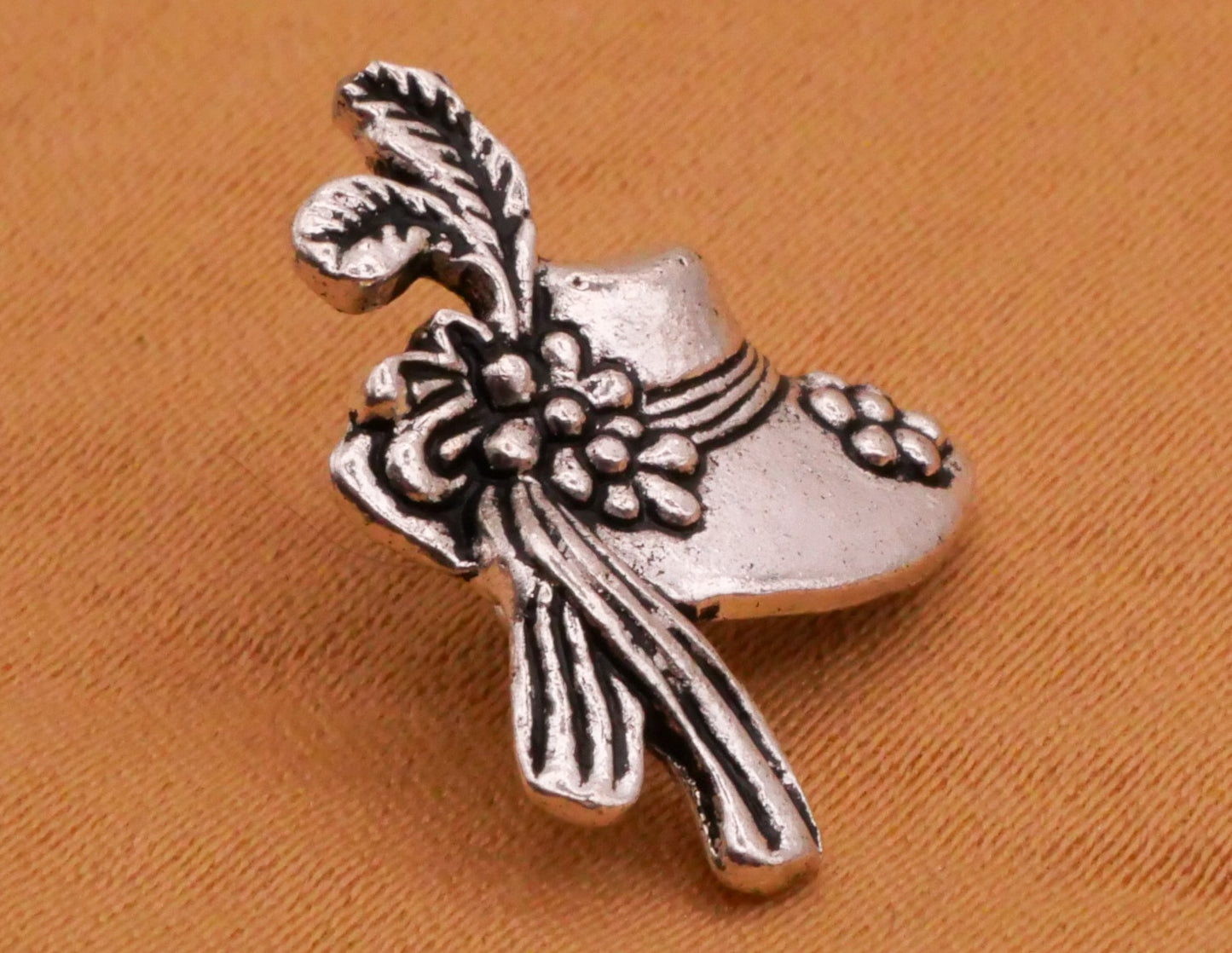 Hat Bonnet Flower Feather Silver Metal Button 14x18mm