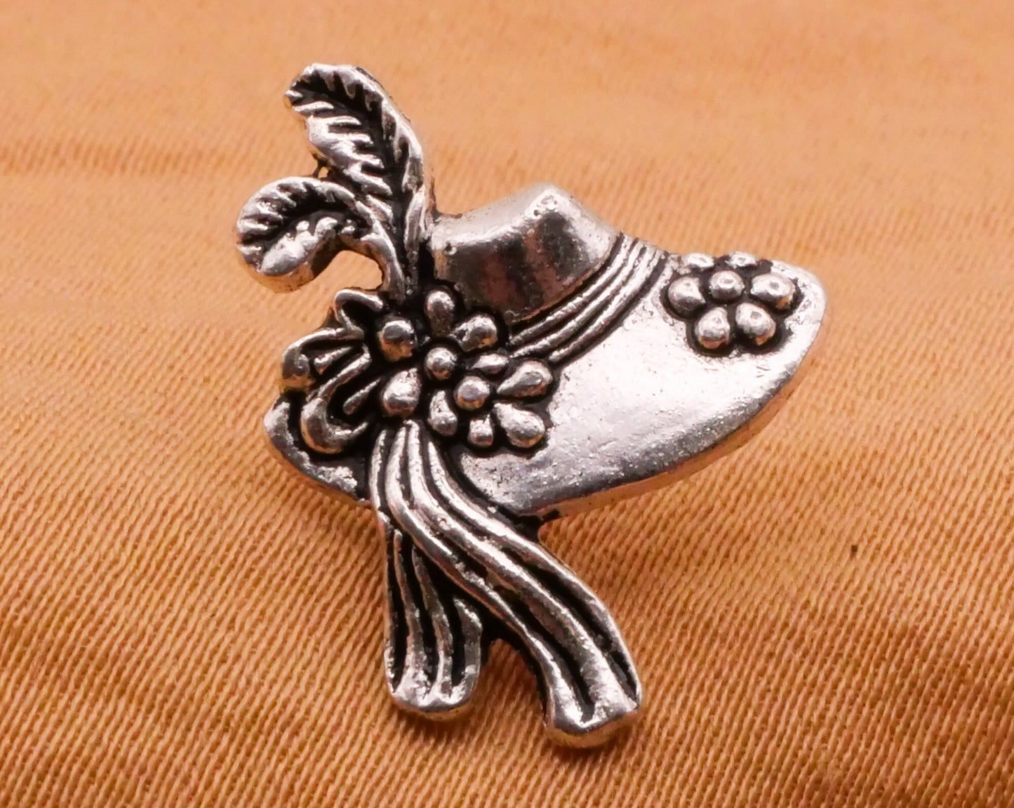 Hat Bonnet Flower Feather Silver Metal Button 14x18mm