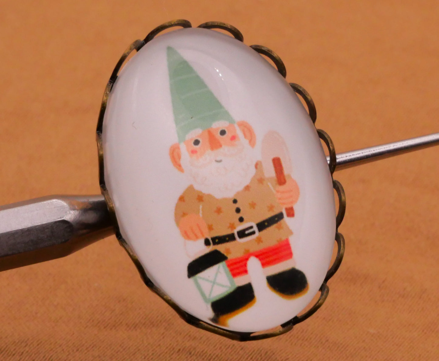 Garden Gnome Oval Glass Bronze Metal Button Various 18x26mm