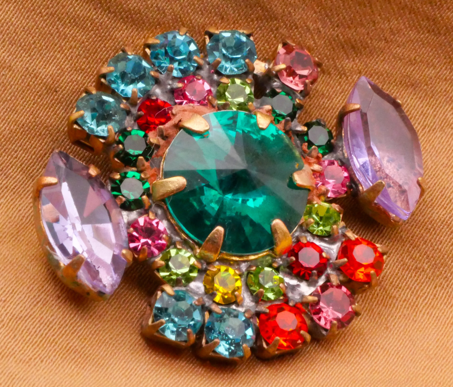 Peacock Green Center Colorful Czech Glass Rhinestone Metal Button 28x32mm