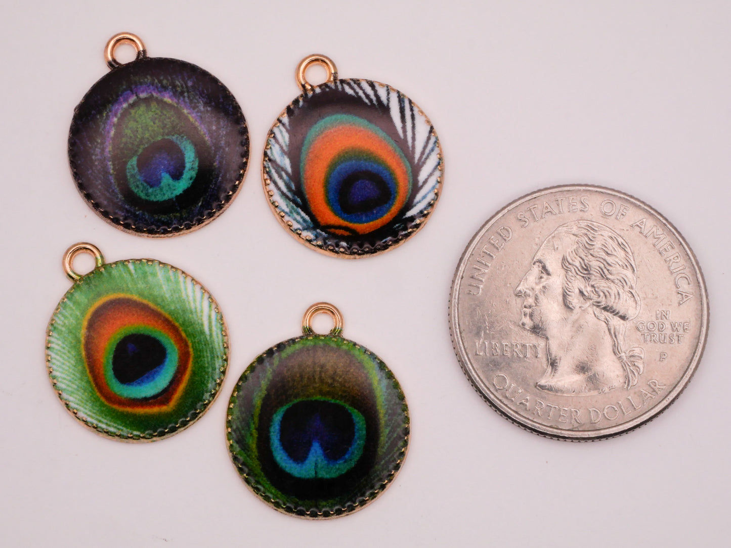 Peacock Feather Plume Images Metal Set of Four Charms Embellishments 17mm