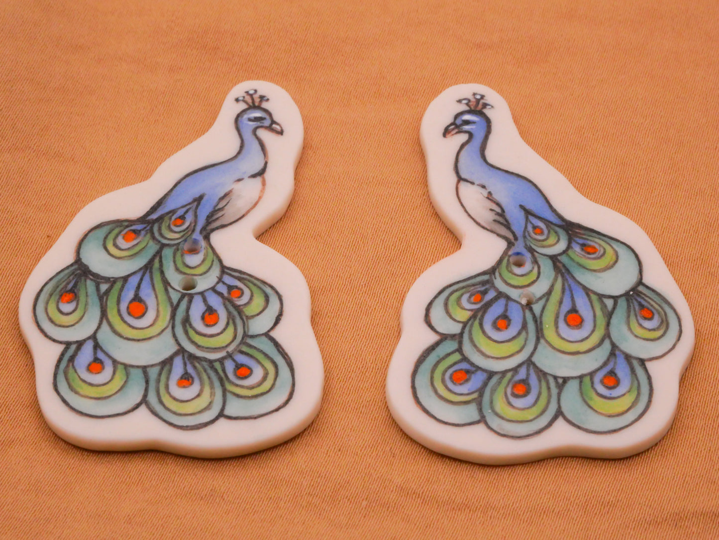Peacock Bird Hand-Painted Porcelain Ceramic Large Button Various 30x51mm