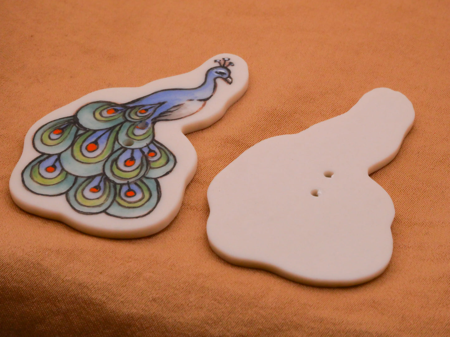 Peacock Bird Hand-Painted Porcelain Ceramic Large Button Various 30x51mm