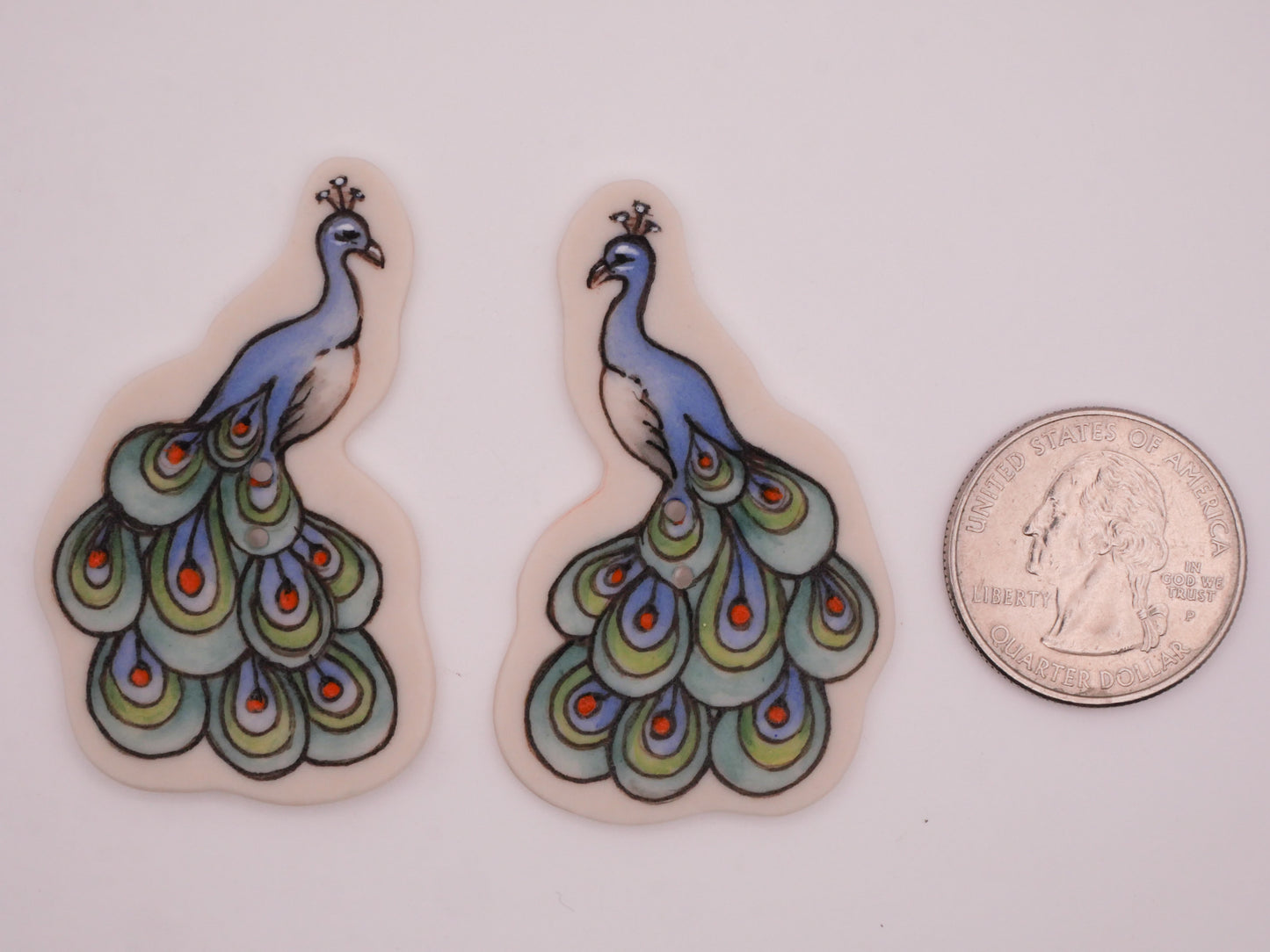 Peacock Bird Hand-Painted Porcelain Ceramic Large Button Various 30x51mm