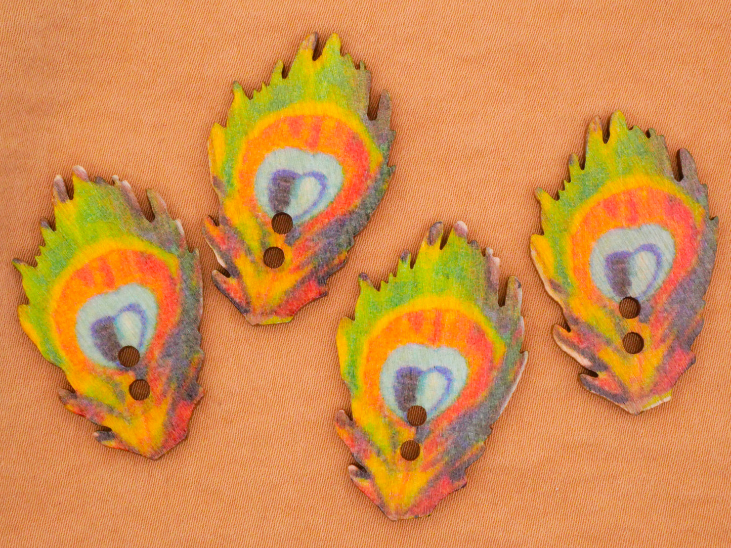 Peacock Feather Plume Colorful Wood Set of Four Buttons 22x35mm