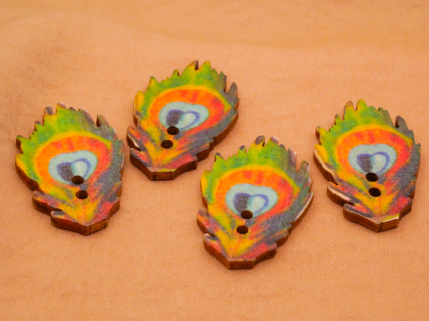 Peacock Feather Plume Colorful Wood Set of Four Buttons 22x35mm