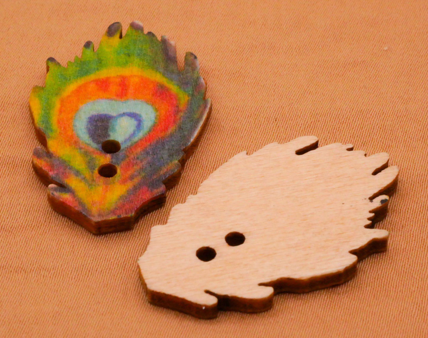 Peacock Feather Plume Colorful Wood Set of Four Buttons 22x35mm