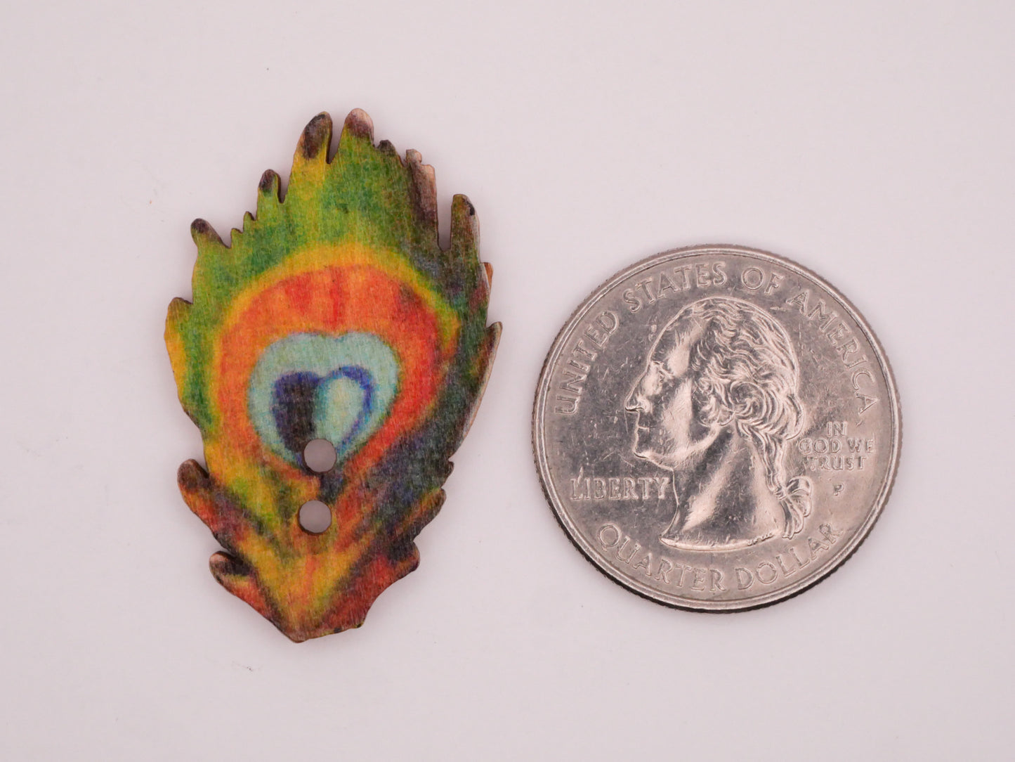 Peacock Feather Plume Colorful Wood Set of Four Buttons 22x35mm