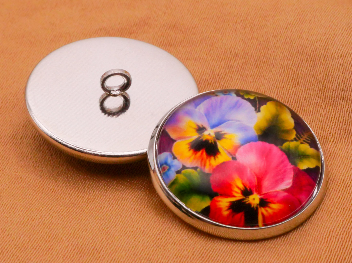 Pansy Colorful Glass Dome Silver Metal Set of Five Buttons Various 20mm