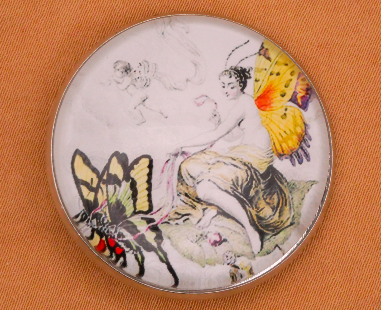 Fairy Chariot Butterfly Glass Dome Silver Metal Button 32mm