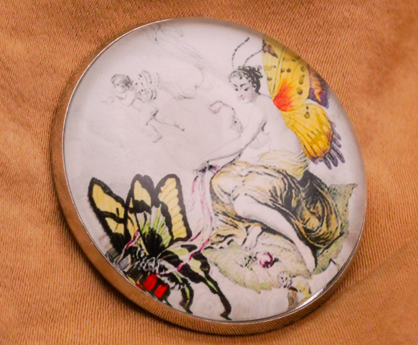 Fairy Chariot Butterfly Glass Dome Silver Metal Button 32mm