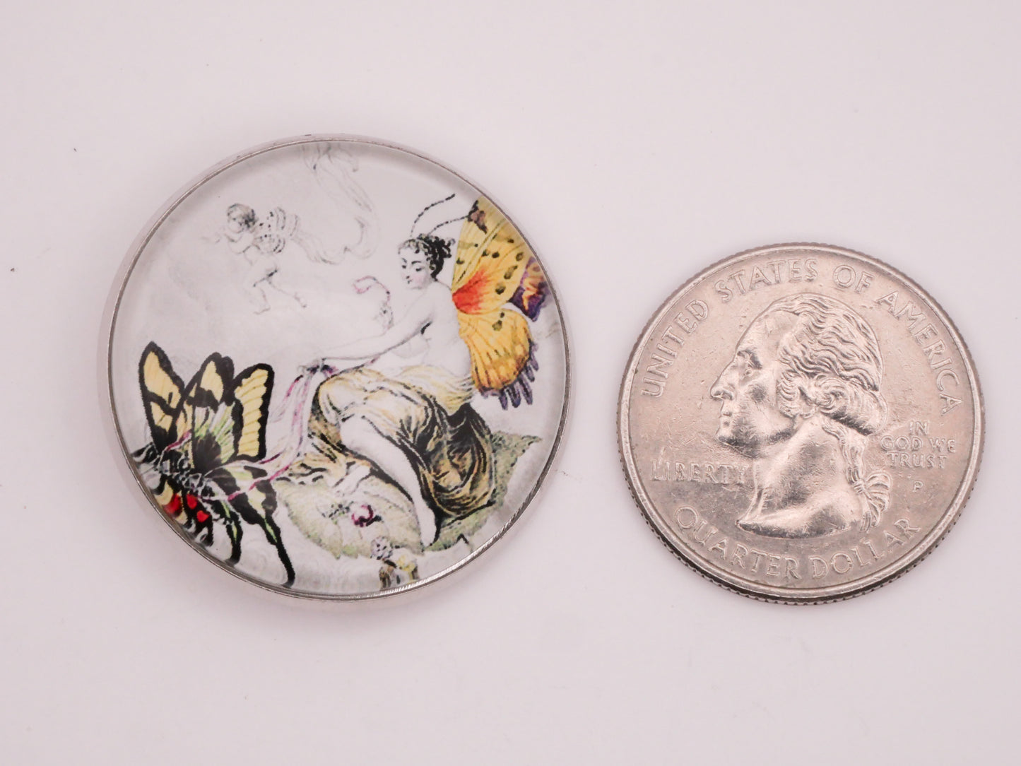 Fairy Chariot Butterfly Glass Dome Silver Metal Button 32mm