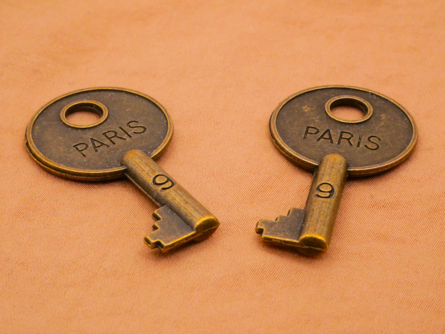 Paris Key Bronze Metal Pair of Charms Decorations 22x40mm