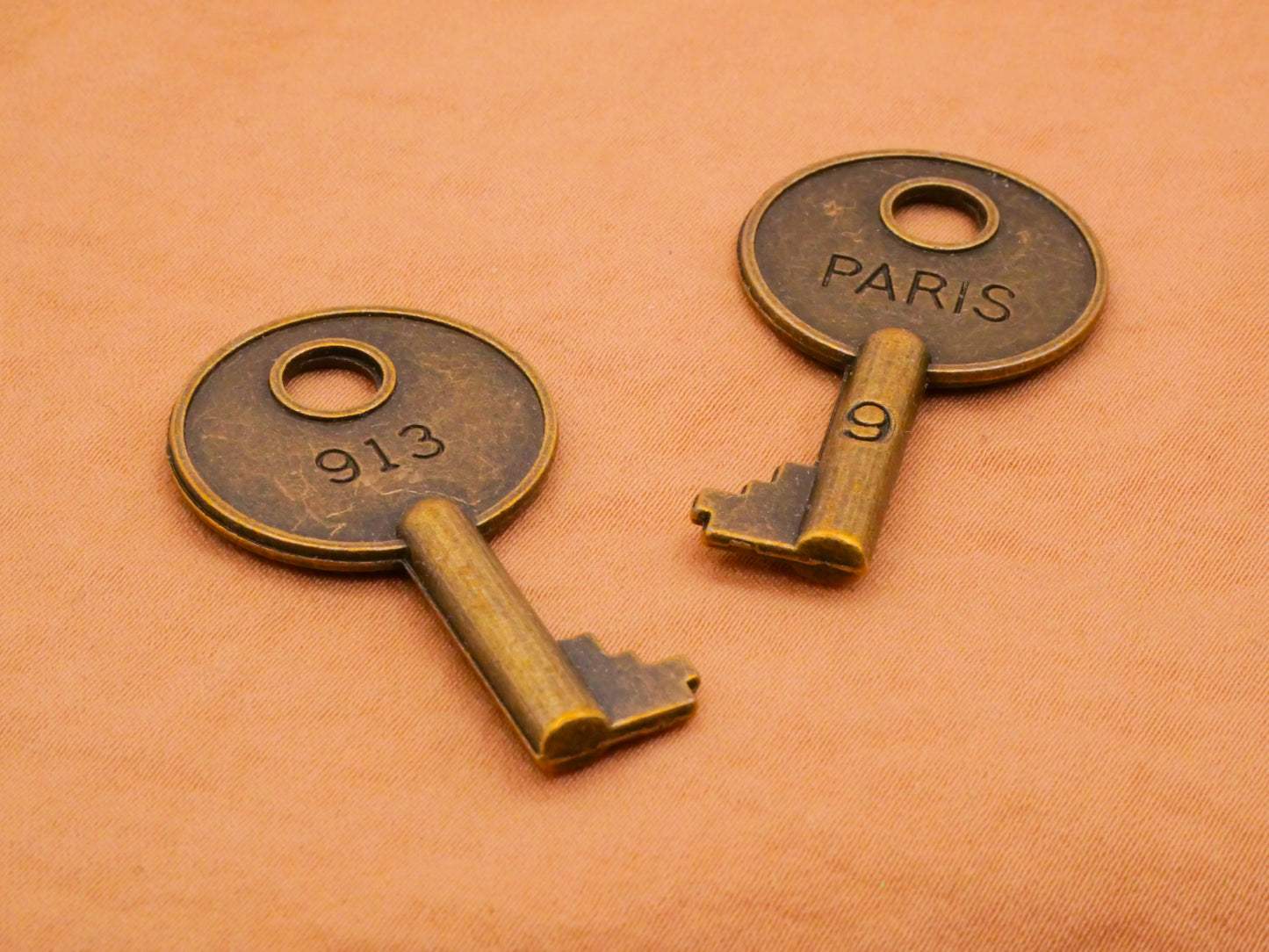 Paris Key Bronze Metal Pair of Charms Decorations 22x40mm