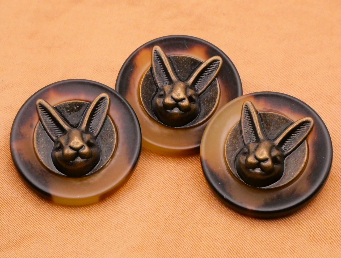 Bunny Rabbit Tortoiseshell Plastic Bronze Metal Button 25mm
