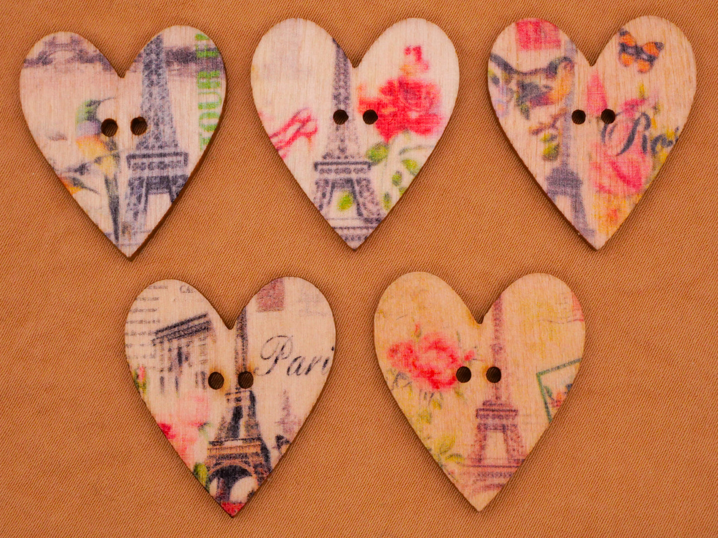 Heart Paris Eiffel Tower Wood Sew-Thru Button Various 25x29mm