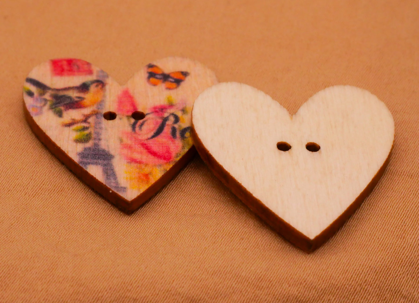 Heart Paris Eiffel Tower Wood Sew-Thru Button Various 25x29mm