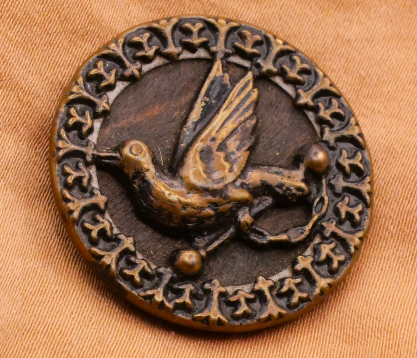 Bird Perch Wood Veneer Background Bronze Metal Victorian Button 27mm