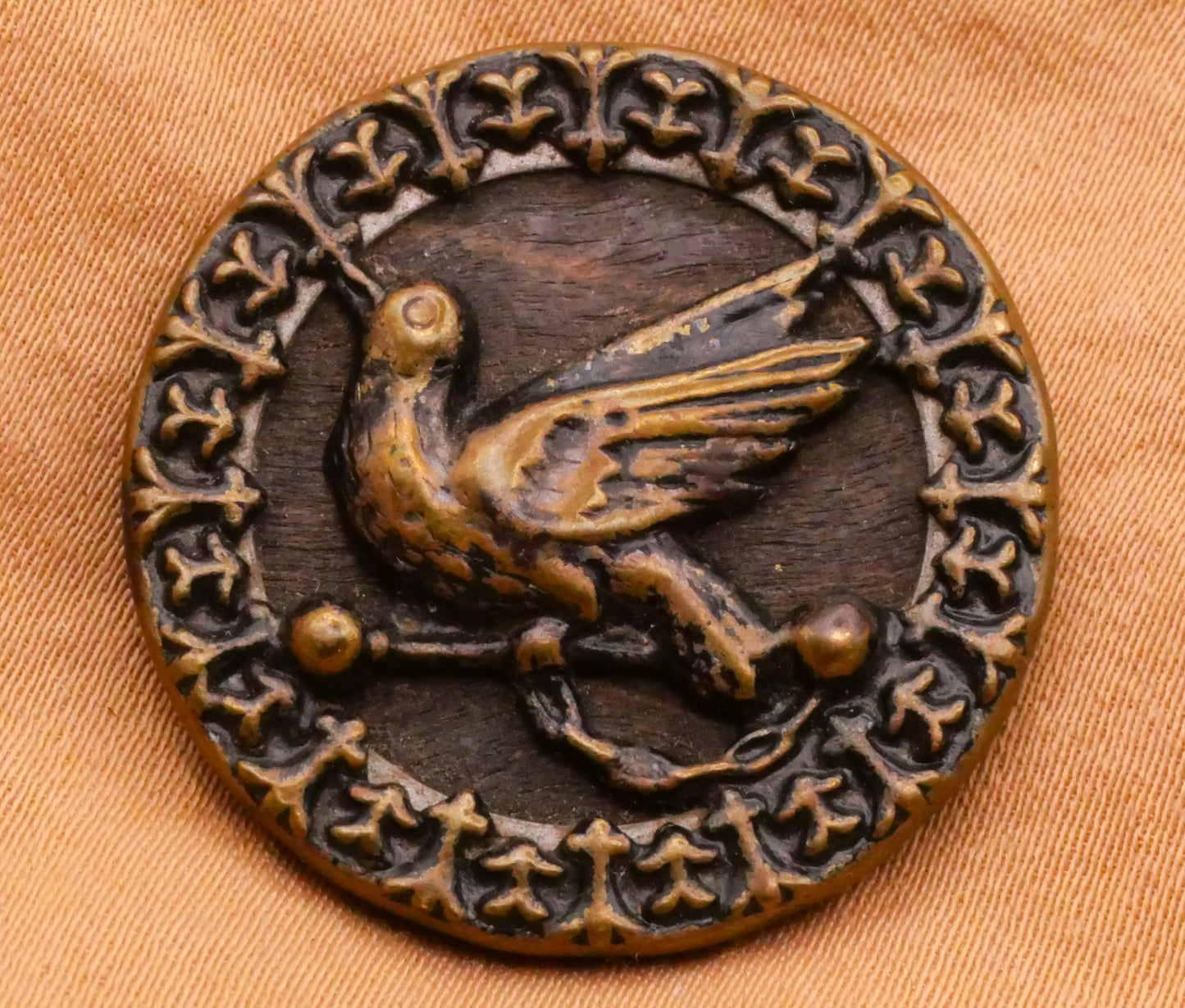 Bird Perch Wood Veneer Background Bronze Metal Victorian Button 27mm