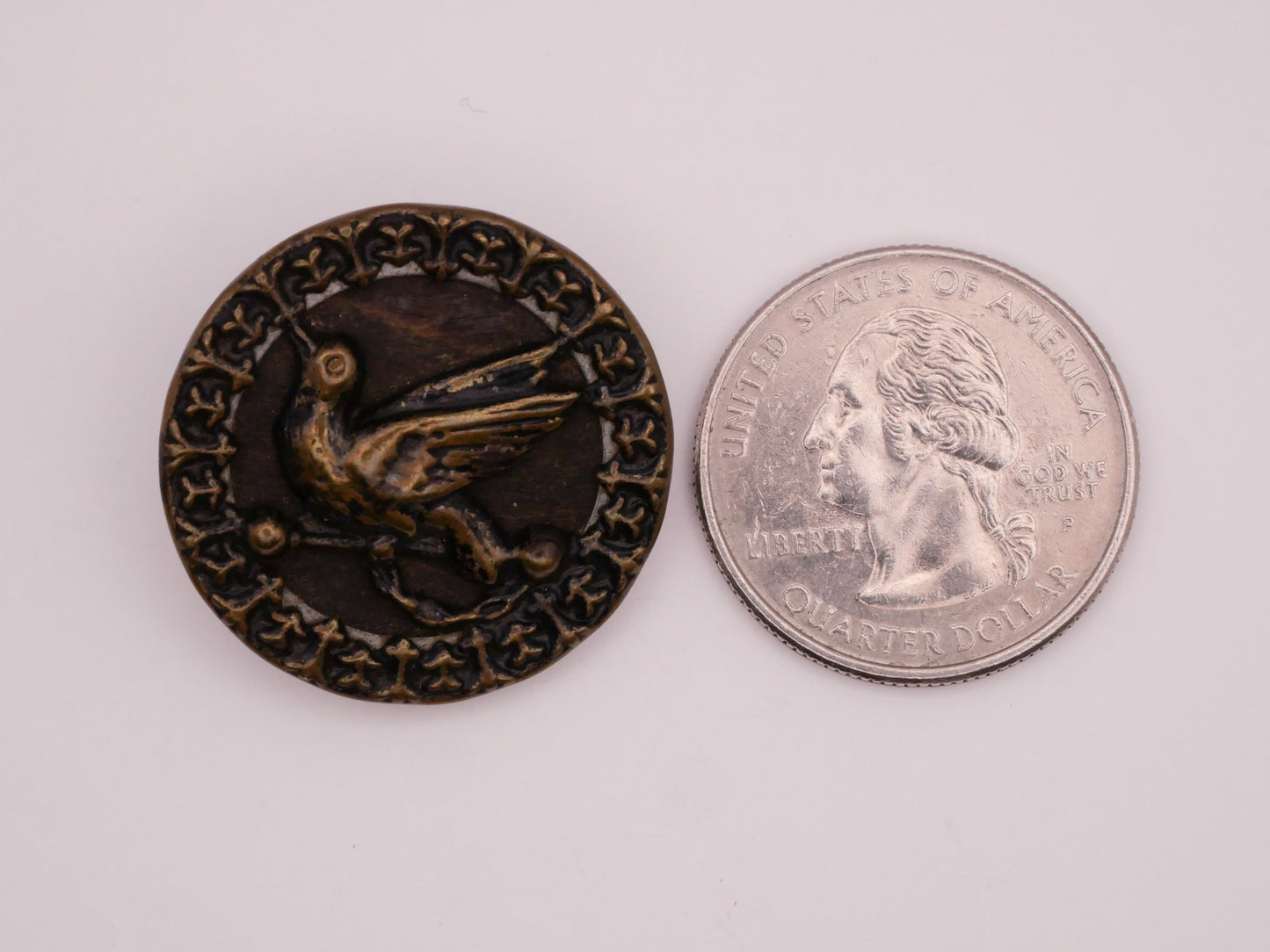 Bird Perch Wood Veneer Background Bronze Metal Victorian Button 27mm