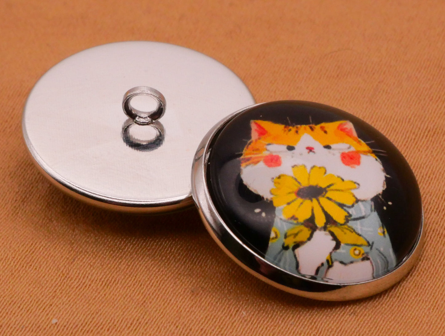 Cat Kitty Sunflowers Glass Silver Metal Set of Five Buttons Various 20mm