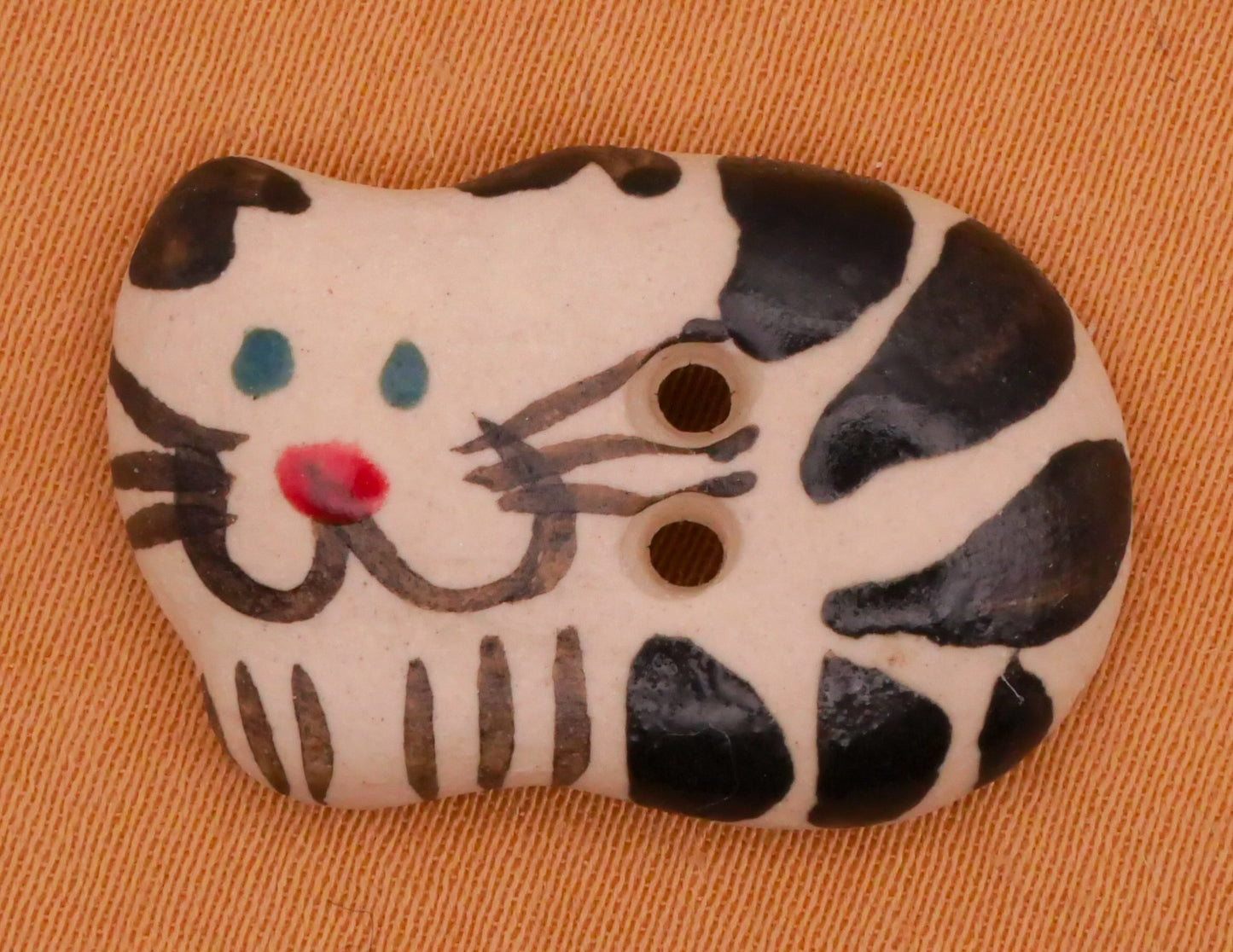 Cat Kitty Curled Up Black White Hand-Painted Ceramic Button 16x24mm