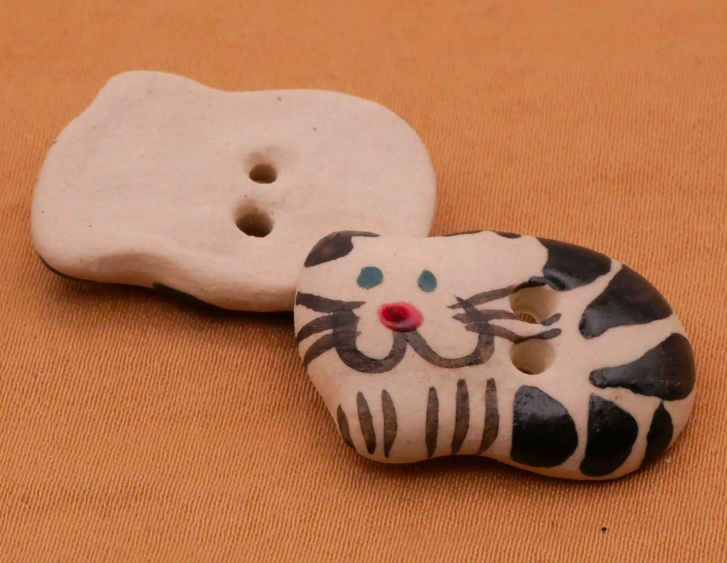Cat Kitty Curled Up Black White Hand-Painted Ceramic Button 16x24mm