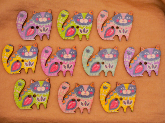 Cat Kitty Folk Art Hippie Pattern Wood Set of Ten Buttons 25x29mm