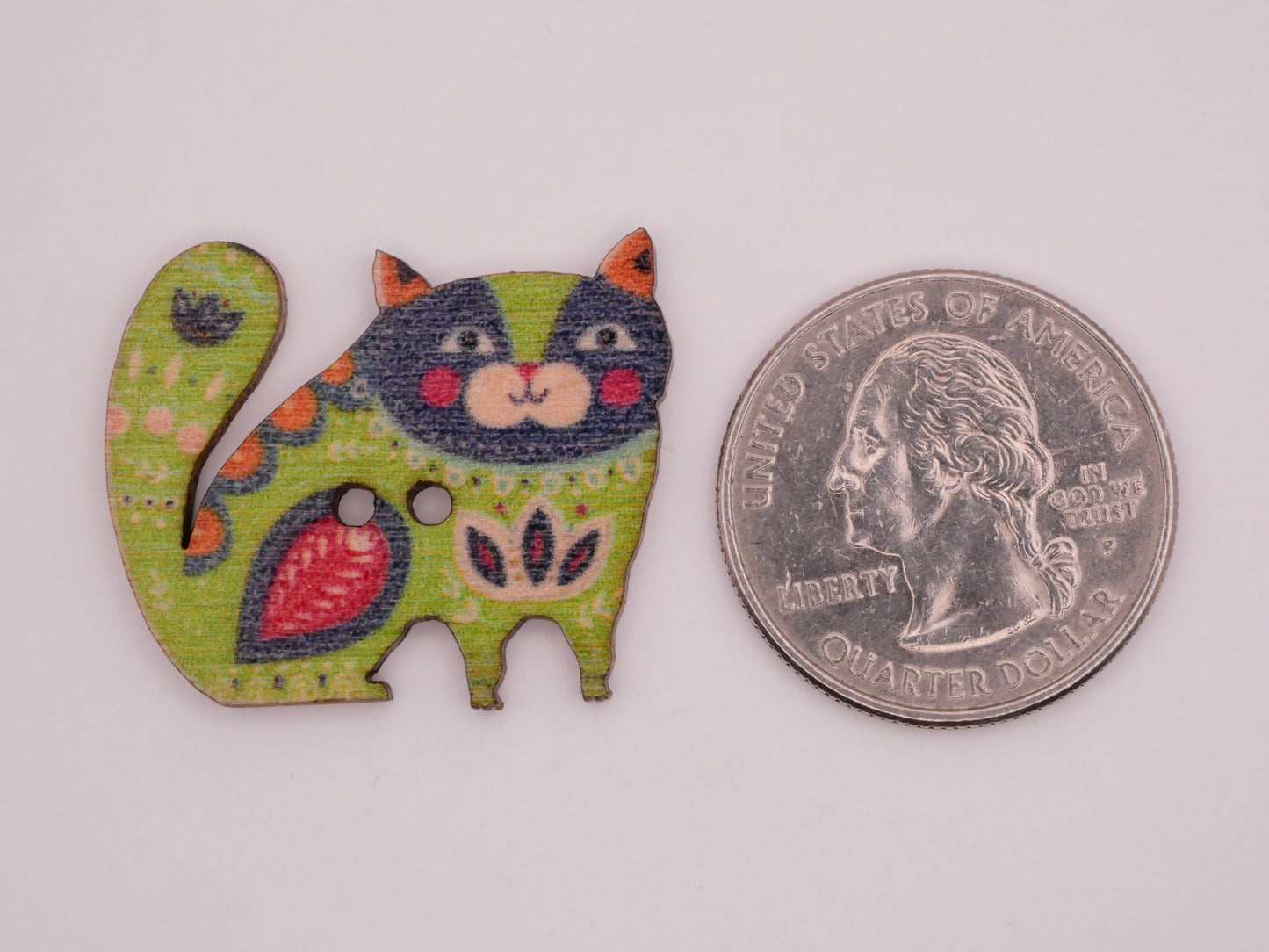 Cat Kitty Folk Art Hippie Pattern Wood Set of Ten Buttons 25x29mm