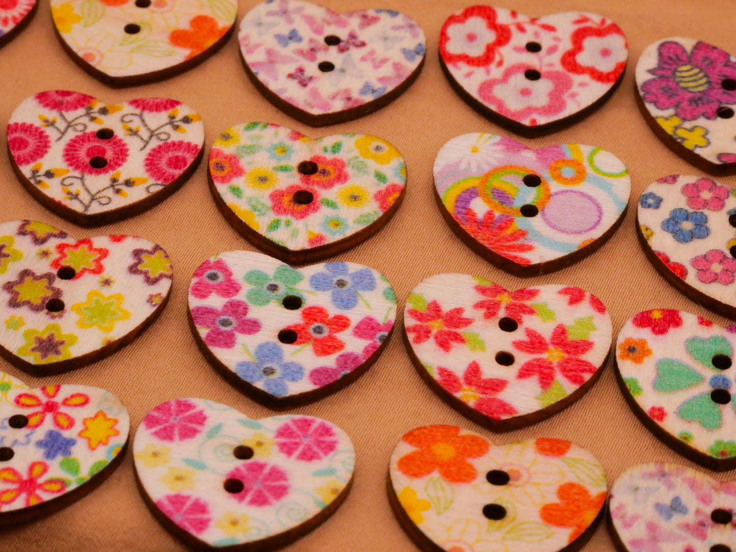 Heart Colorful Patterns Wood Assorted Set of Twenty Buttons 20x22mm