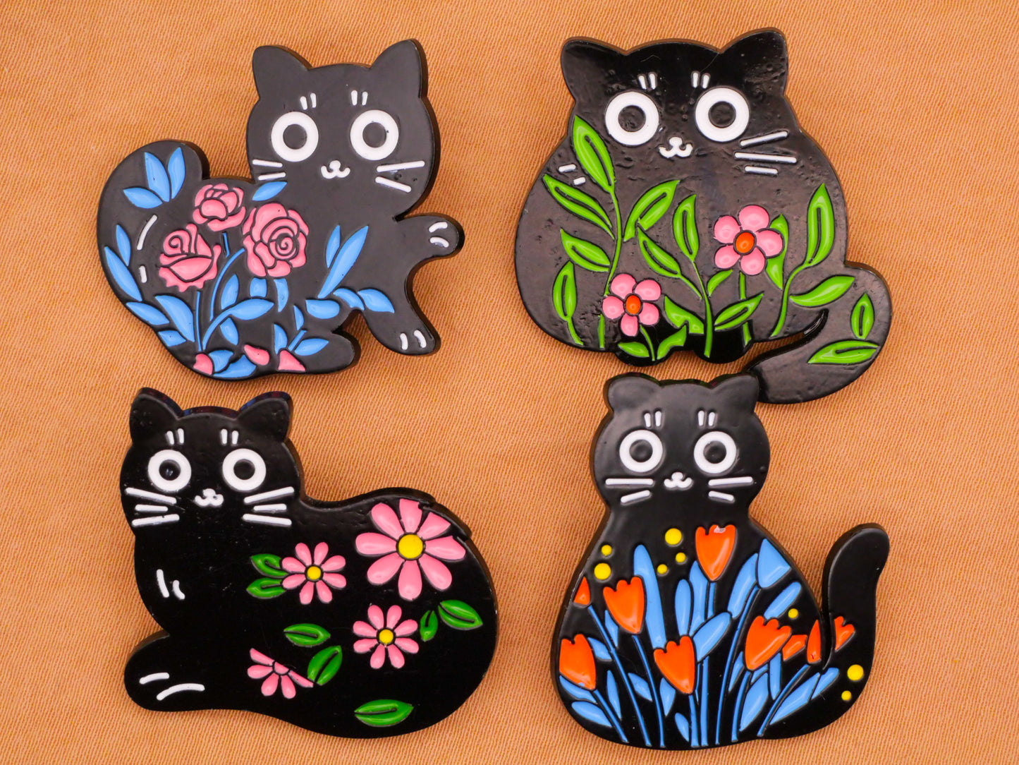 Cat Kitty Flower Black Enamel Metal Button Various 26-31mm