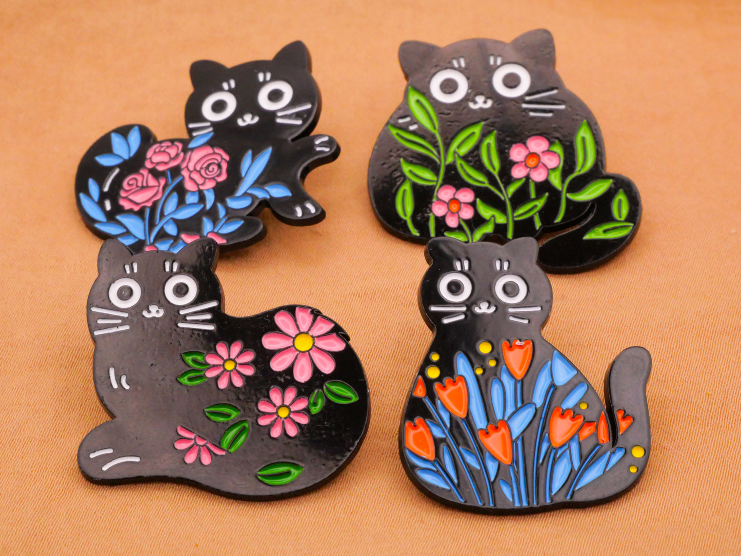Cat Kitty Flower Black Enamel Metal Button Various 26-31mm
