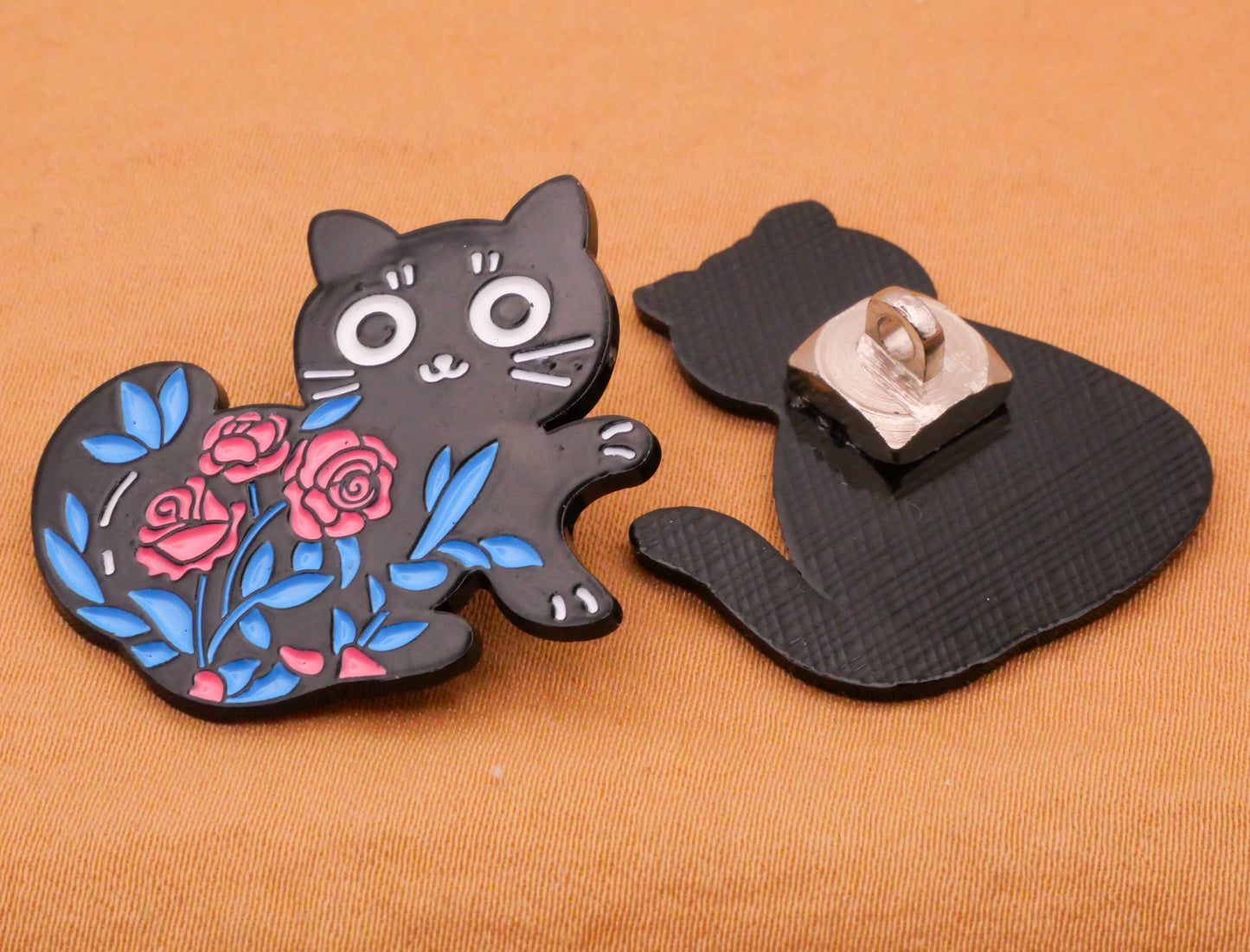 Cat Kitty Flower Black Enamel Metal Button Various 26-31mm