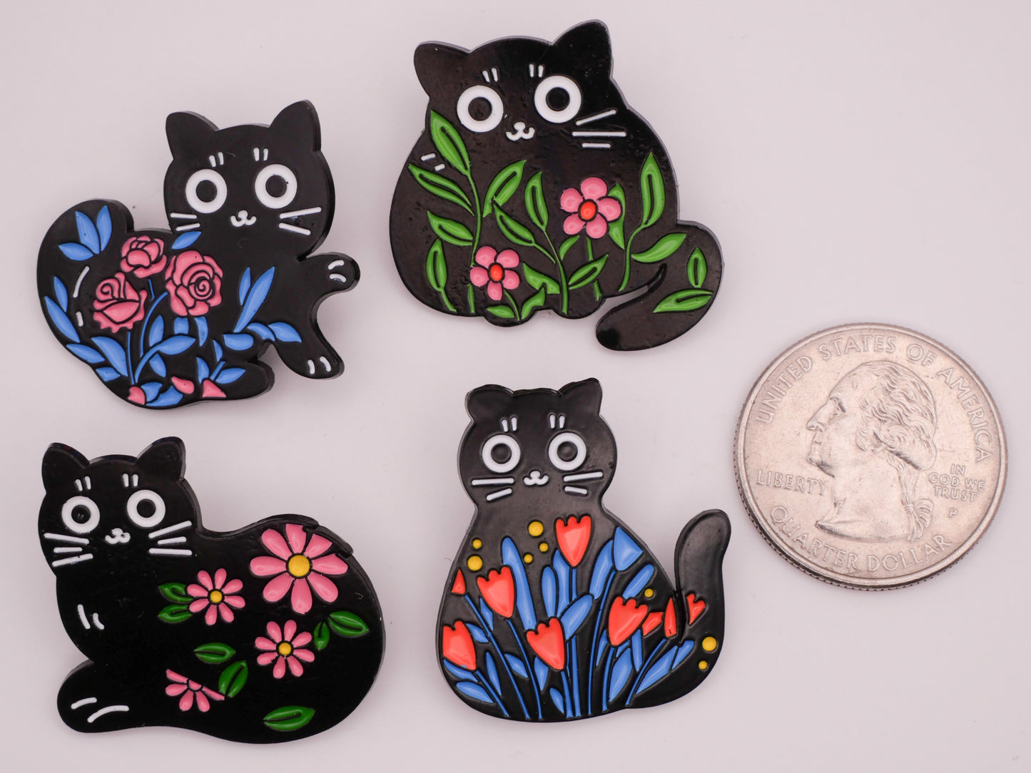 Cat Kitty Flower Black Enamel Metal Button Various 26-31mm