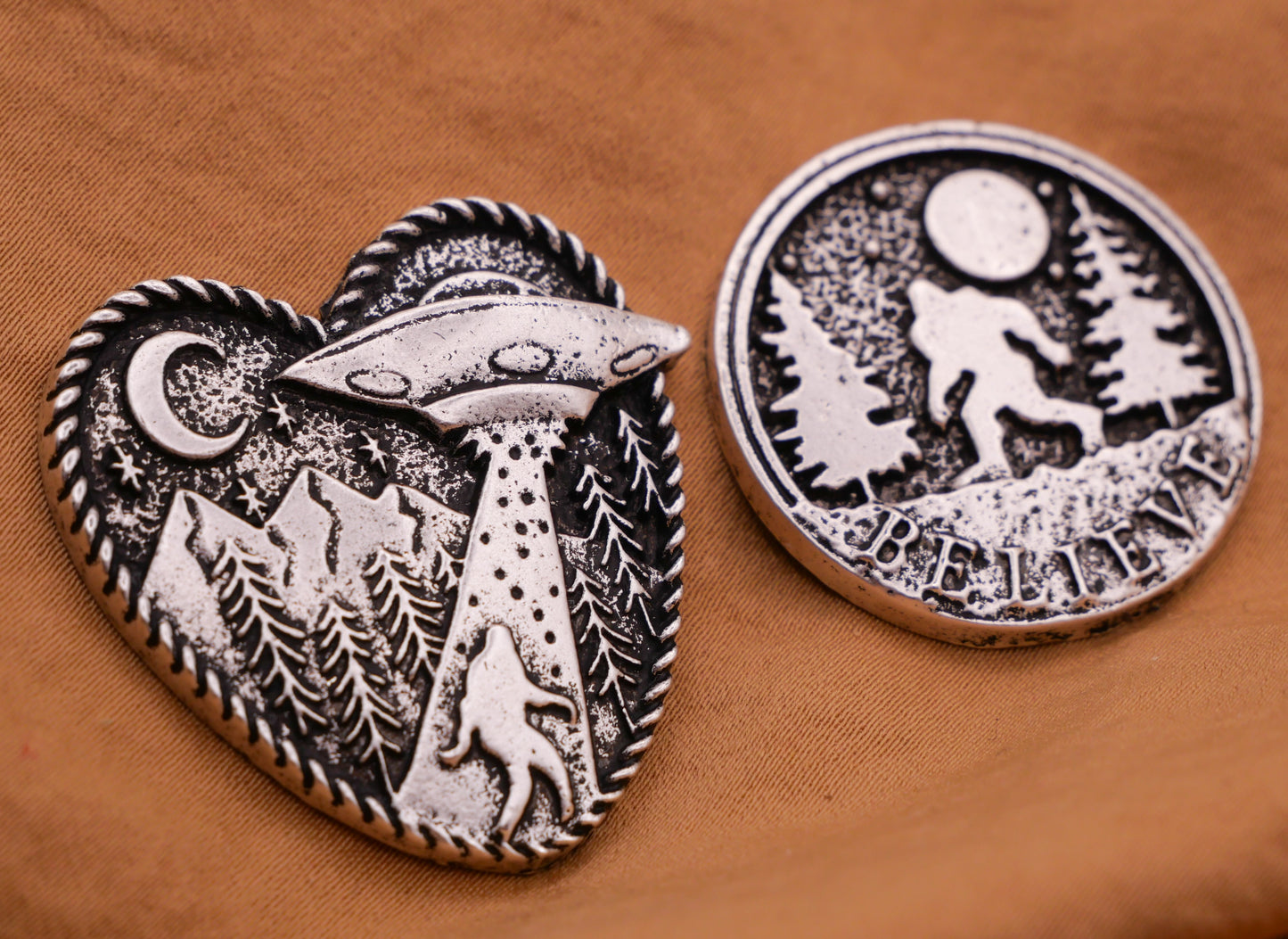 Sasquatch Moon Sci-Fi Antiqued Silver Metal Button Various 29-34mm