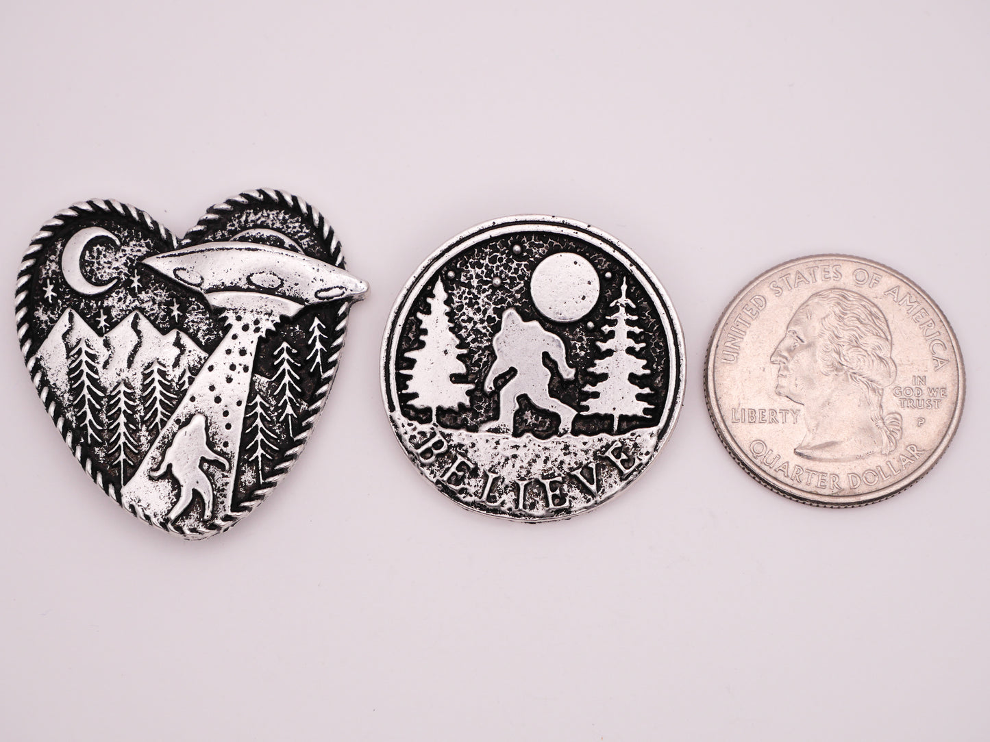 Sasquatch Moon Sci-Fi Antiqued Silver Metal Button Various 29-34mm