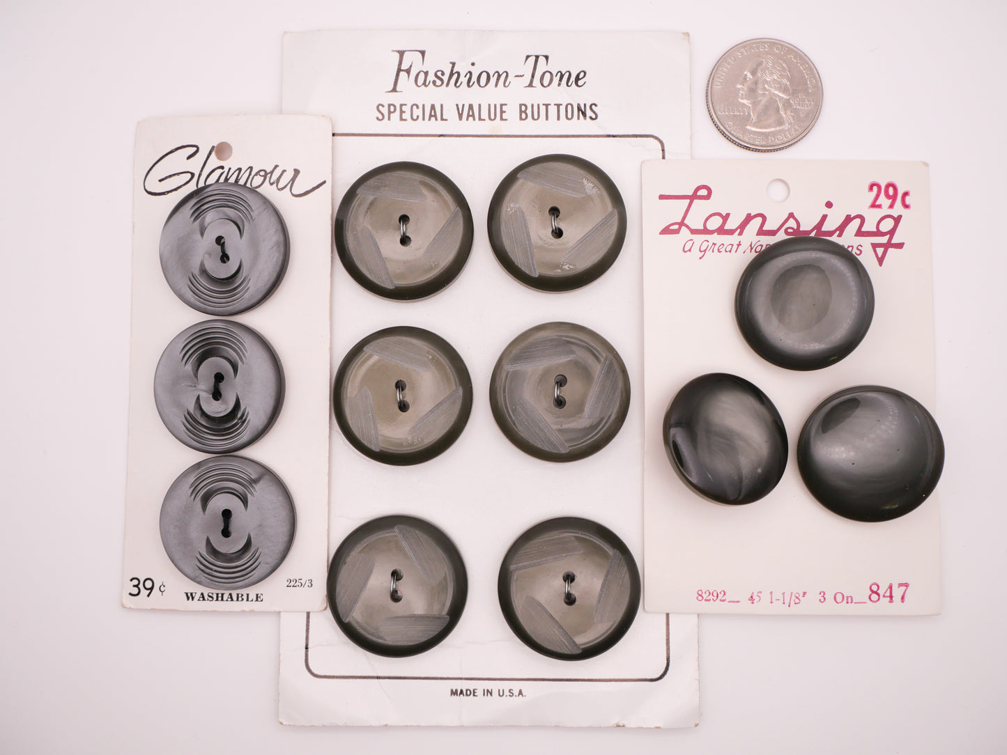 Grey Vintage Plastic Carded Buttons Various 27-29mm