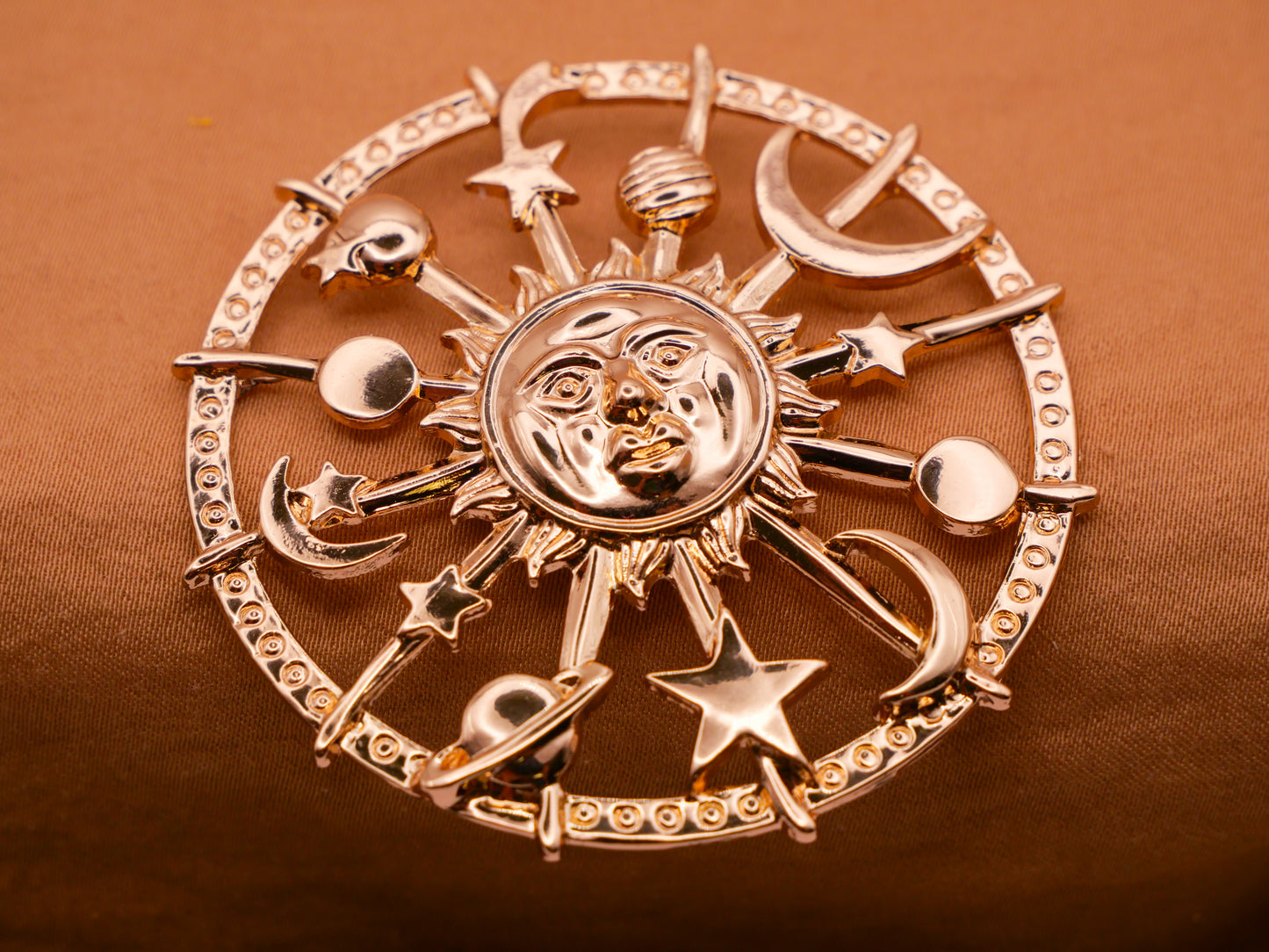 Sun Celestial Planets Stars Moons Large Gold Metal Button 51mm